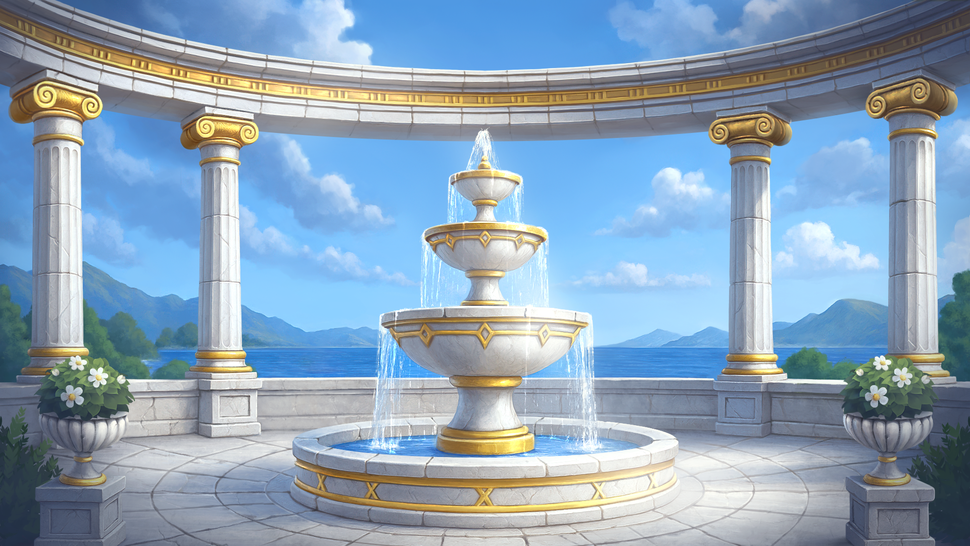 Marble Greek temple terrace overlooking the Aegean Sea
